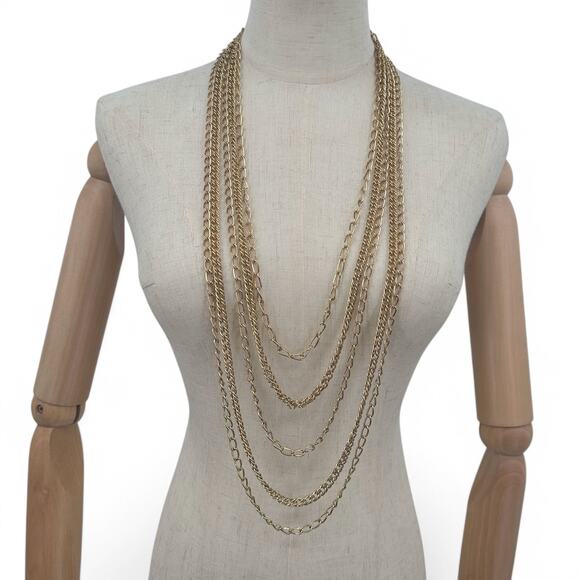 Crown Trifari Multi Strand Chain Statement Necklace Gold Tone 5 Chains Vintage - Picture 1 of 10
